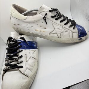 Golden Goose Men's White Leather Sneakers with Blue Toe and Black Laces
